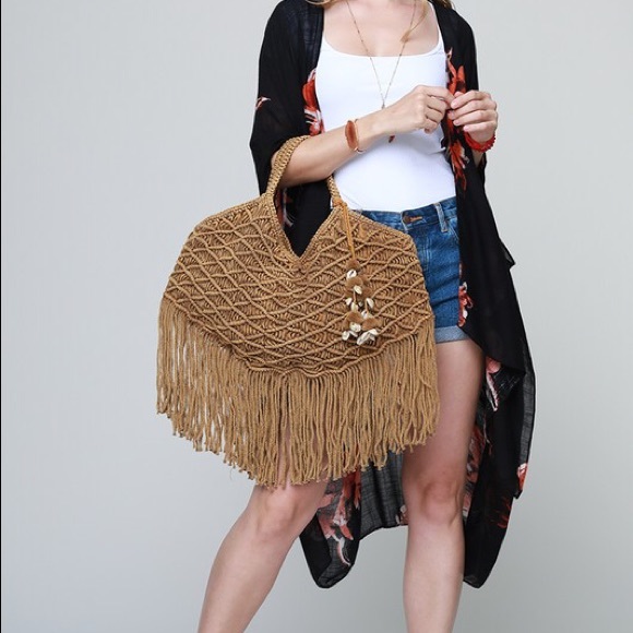 MischkaPu Handbags - CROCHET TOP HANDLE BAG WITH FRIDGES DETAILS